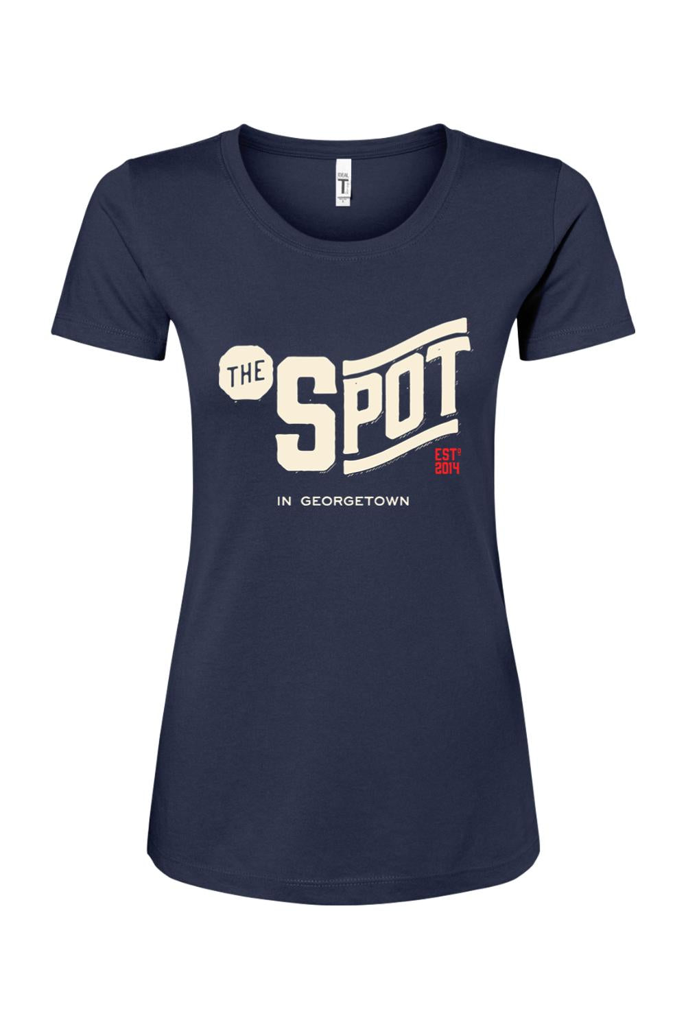 Navy blue women's cotton blend t-shirt featuring The Spot Georgetown logo in cream and red text.