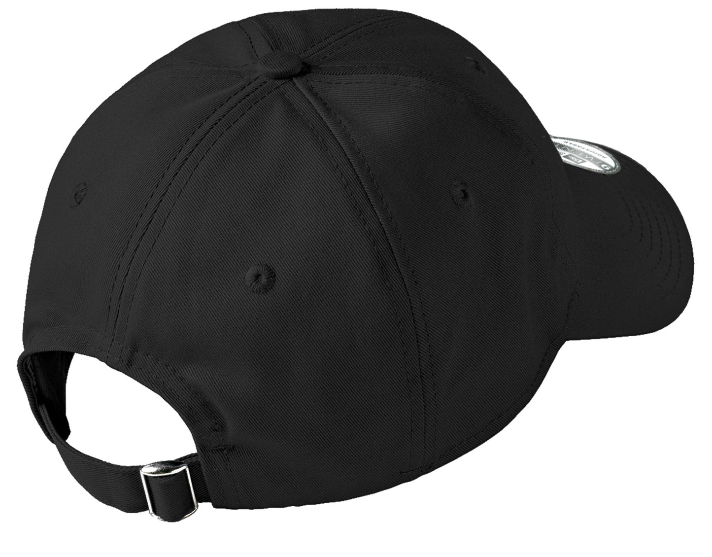 Black unstructured cotton cap with a low profile and an adjustable fabric strap featuring a silver D-clip closure.