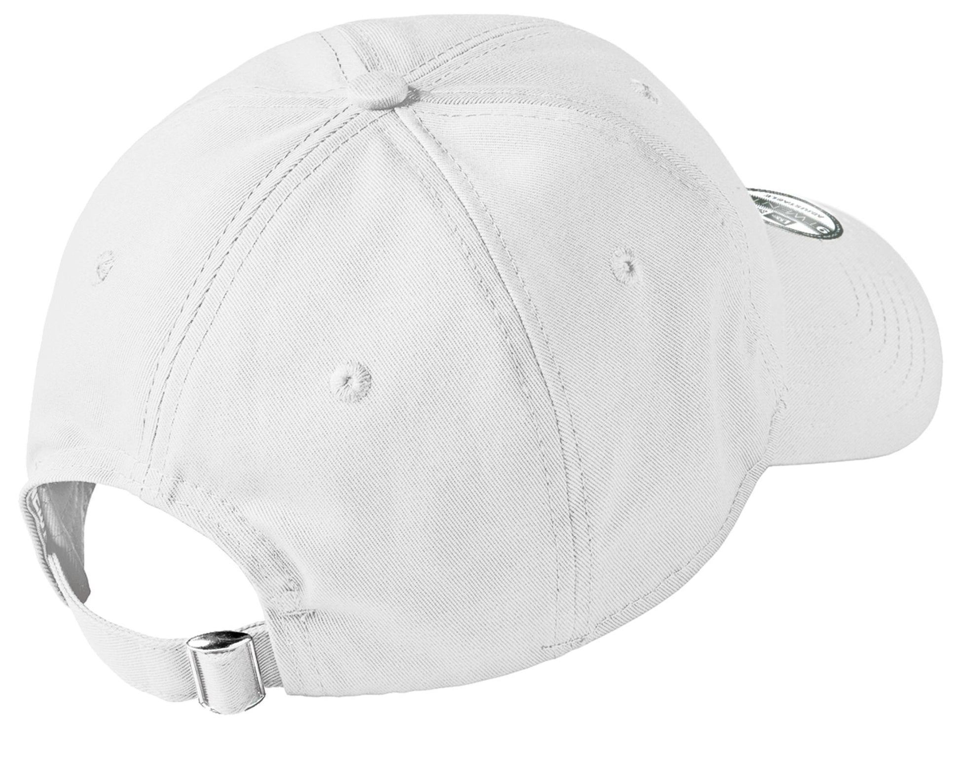 White unstructured cotton baseball cap with a low profile and an adjustable fabric strap featuring a silver D-clip.