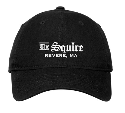 Black unstructured cotton cap featuring white The Squire Revere, MA embroidery and an adjustable D-clip strap.
