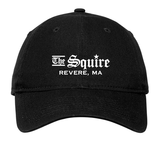 Black unstructured cotton cap featuring white The Squire Revere, MA embroidery and an adjustable D-clip strap.