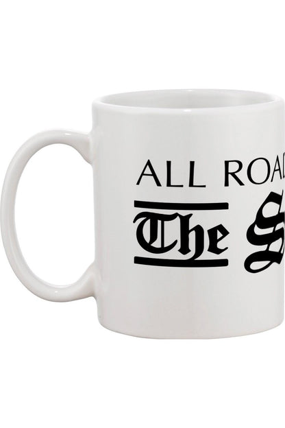 White ceramic mug featuring black text with a classic handle and durable design.