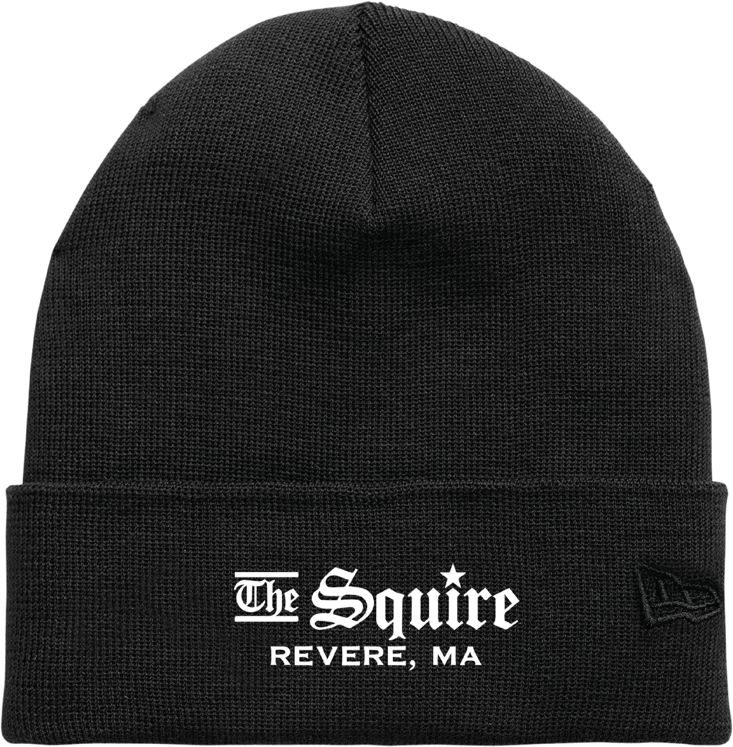 Black cuffed beanie made from recycled polyester featuring The Squire Revere, MA white embroidered logo.