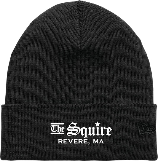 Black cuffed beanie made from recycled polyester featuring The Squire Revere, MA white embroidered logo.