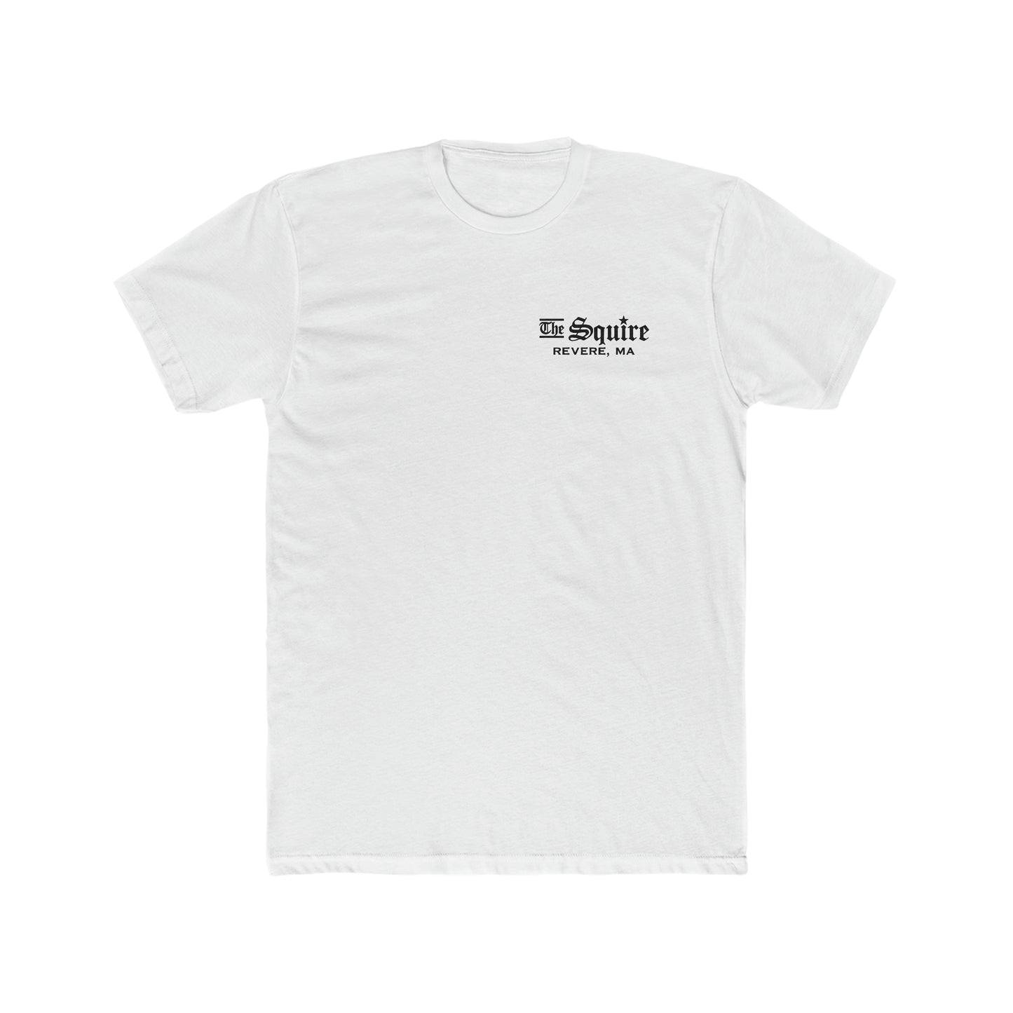 White premium cotton crewneck t-shirt featuring The Squire Revere, MA black text logo on the left chest.