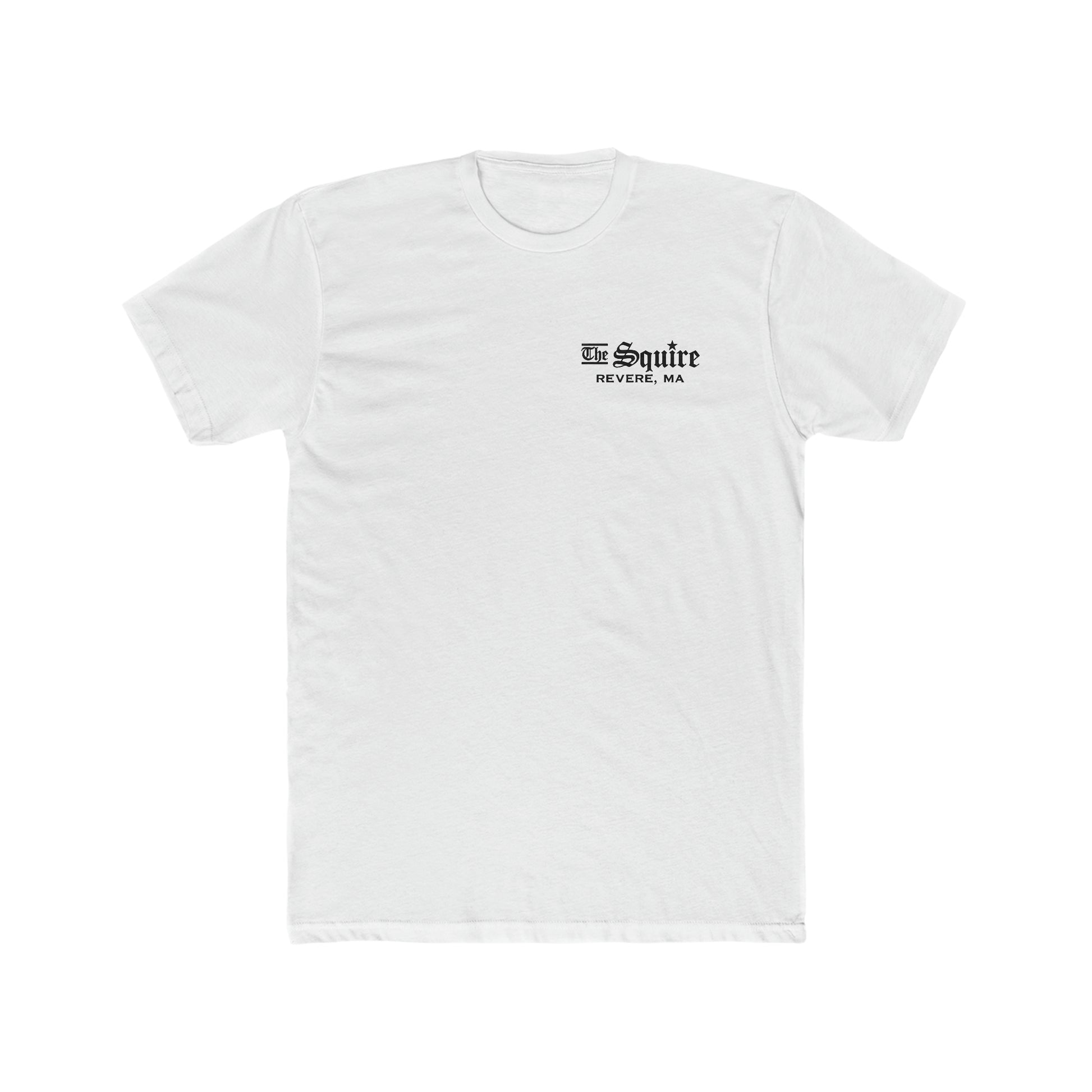 White premium cotton crewneck t-shirt featuring The Squire Revere, MA black text logo on the left chest.