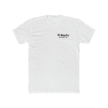 White premium cotton crewneck t-shirt featuring The Squire Revere, MA black text logo on the left chest.