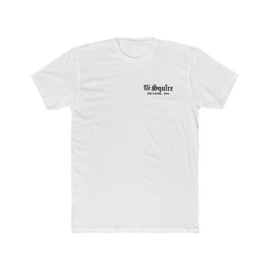White premium cotton crewneck t-shirt featuring The Squire Revere, MA black text logo on the left chest.