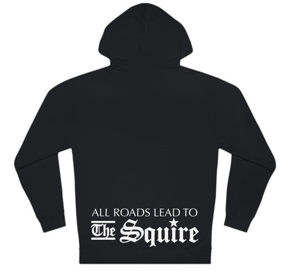 Black regular fit hooded sweatshirt featuring white All Roads Lead to The Squire text printed on the back.