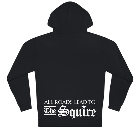 Black regular fit hooded sweatshirt featuring white All Roads Lead to The Squire text printed on the back.