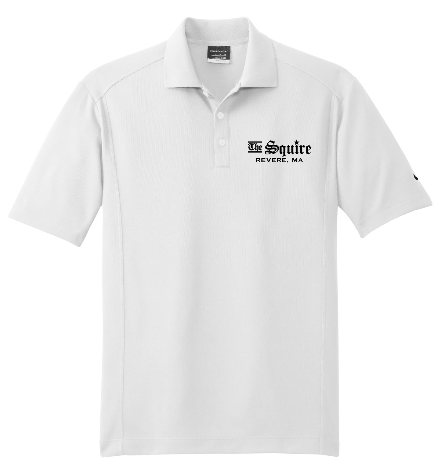 White Nike Dri-FIT polo with The Squire Revere, MA logo, flat knit collar, and three-button placket.