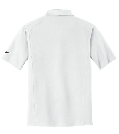Back view of a white Nike Dri-FIT classic polo with stitch-trimmed shoulder panels and a contrast Swoosh on the sleeve.