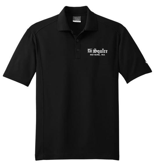 Black Nike Dri-FIT polo shirt with The Squire Revere, MA logo, featuring a flat knit collar and three-button placket.