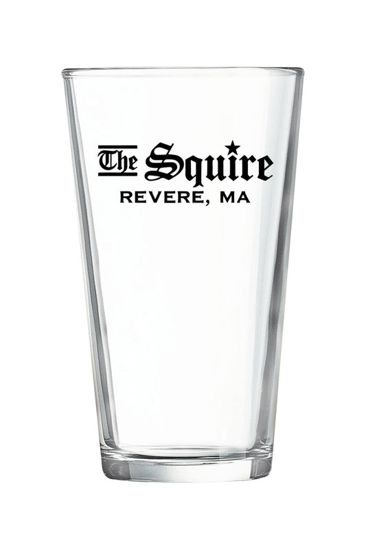 Clear 16-ounce pint glass with a weighted base and black The Squire Revere, MA logo print.