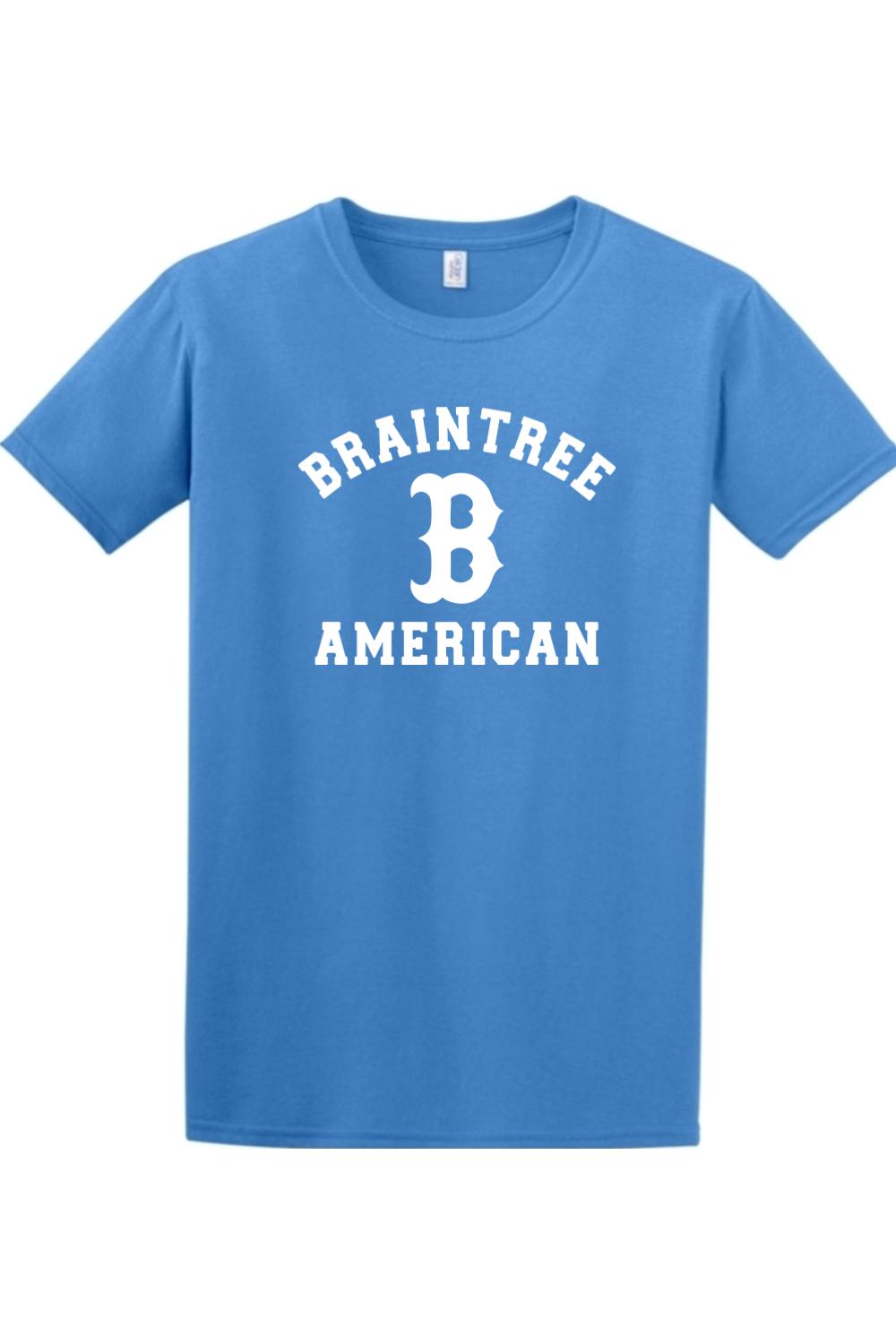 Blue cotton crew neck t-shirt featuring white Braintree American text and a large letter B graphic.