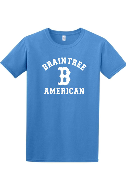 Blue cotton crew neck t-shirt featuring white Braintree American text and a large letter B graphic.