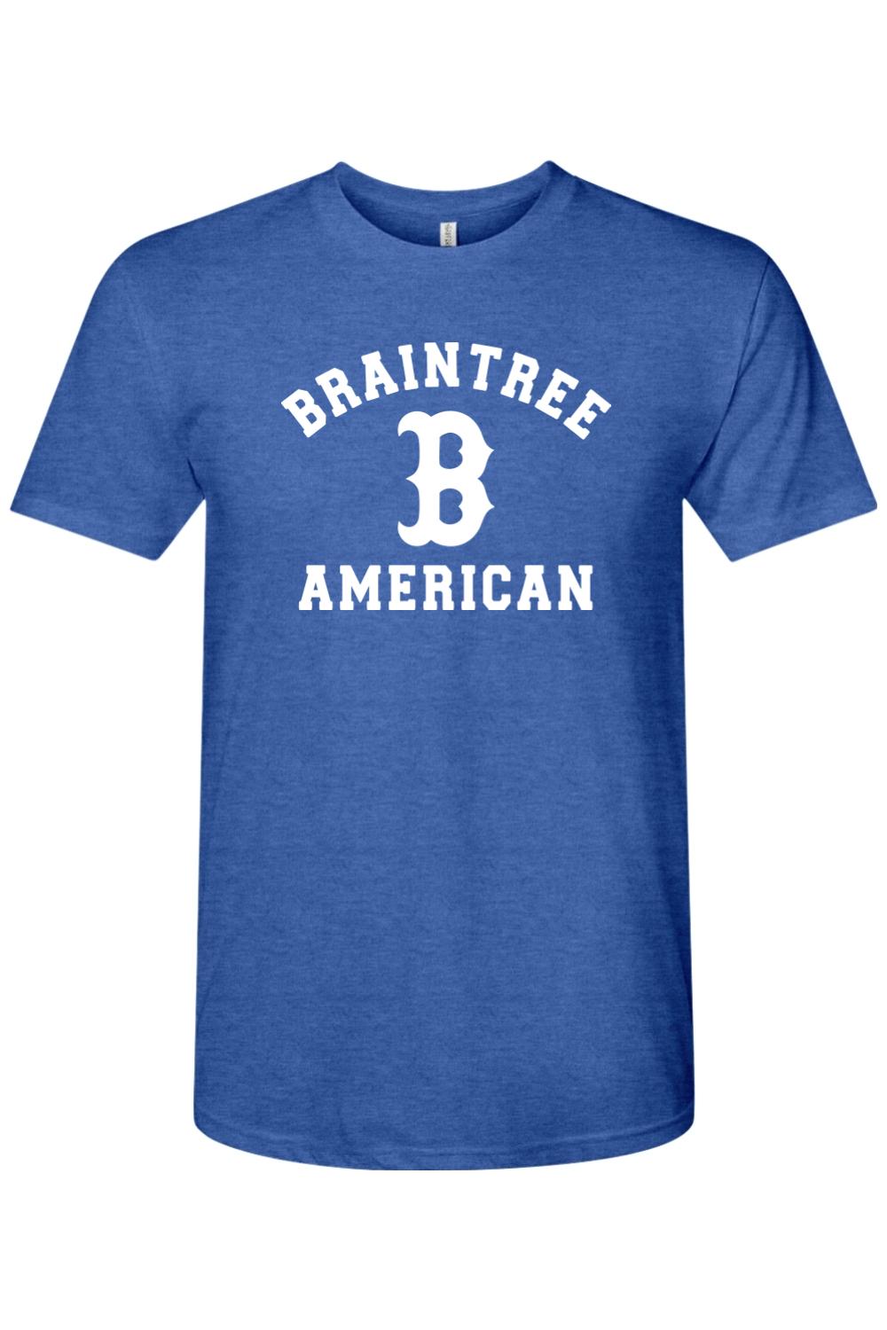 Blue tri-blend t-shirt featuring white Braintree American text and a large letter B logo on the chest.