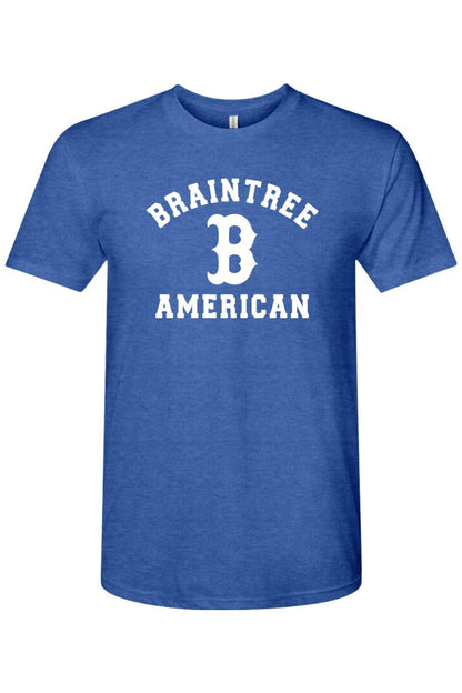 Blue tri-blend t-shirt featuring white Braintree American text and a large letter B logo on the chest.