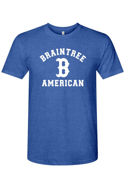 Blue tri-blend t-shirt featuring white Braintree American text and a large letter B logo on the chest.