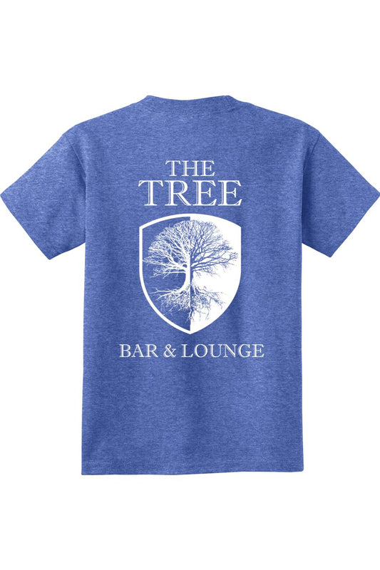 Blue heathered cotton youth t-shirt featuring a white tree logo inside a shield on the back.