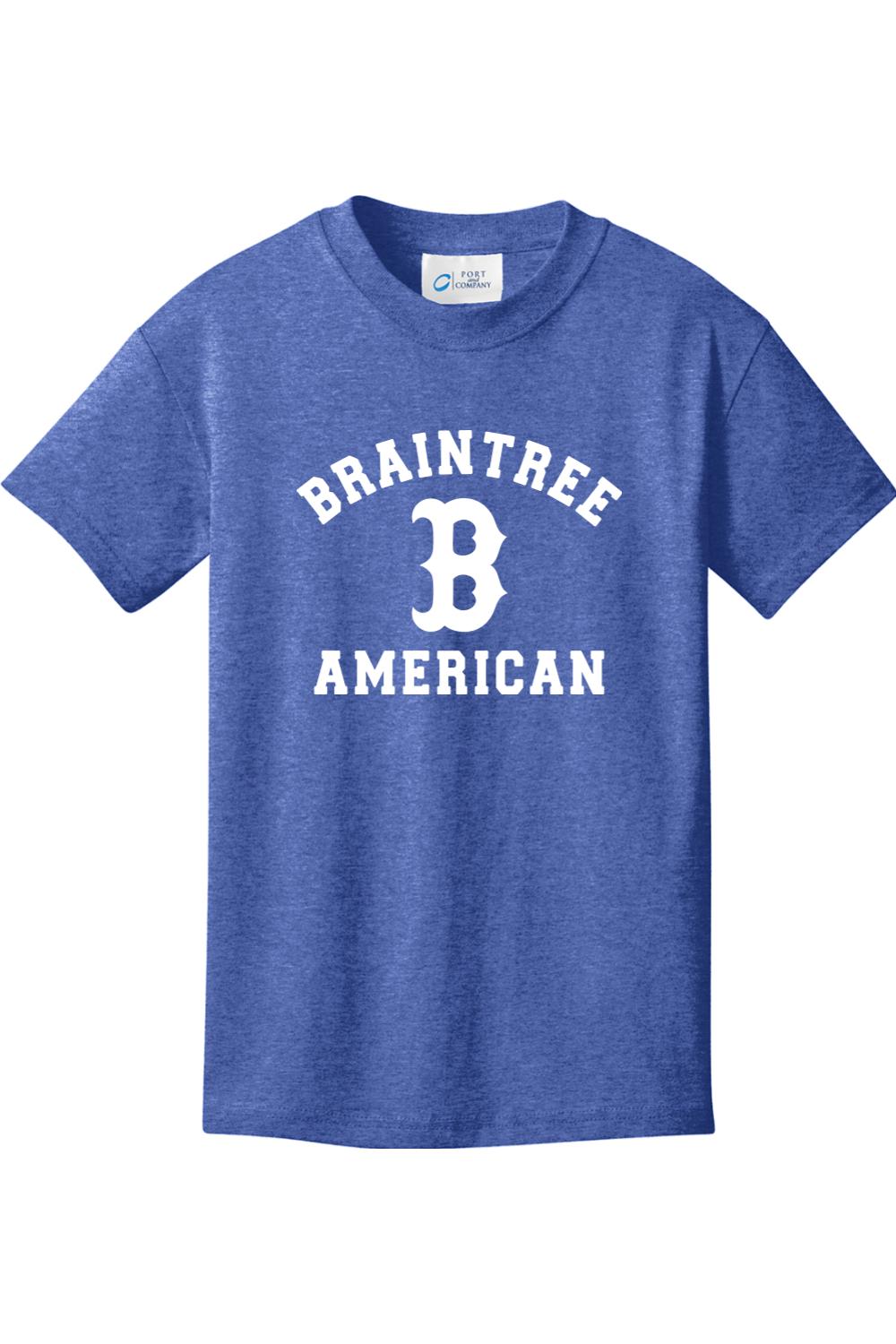 Youth blue heather cotton t-shirt featuring white Braintree American text and a large letter B graphic.