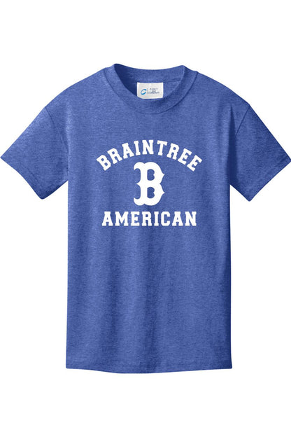 Youth blue heather cotton t-shirt featuring white Braintree American text and a large letter B graphic.