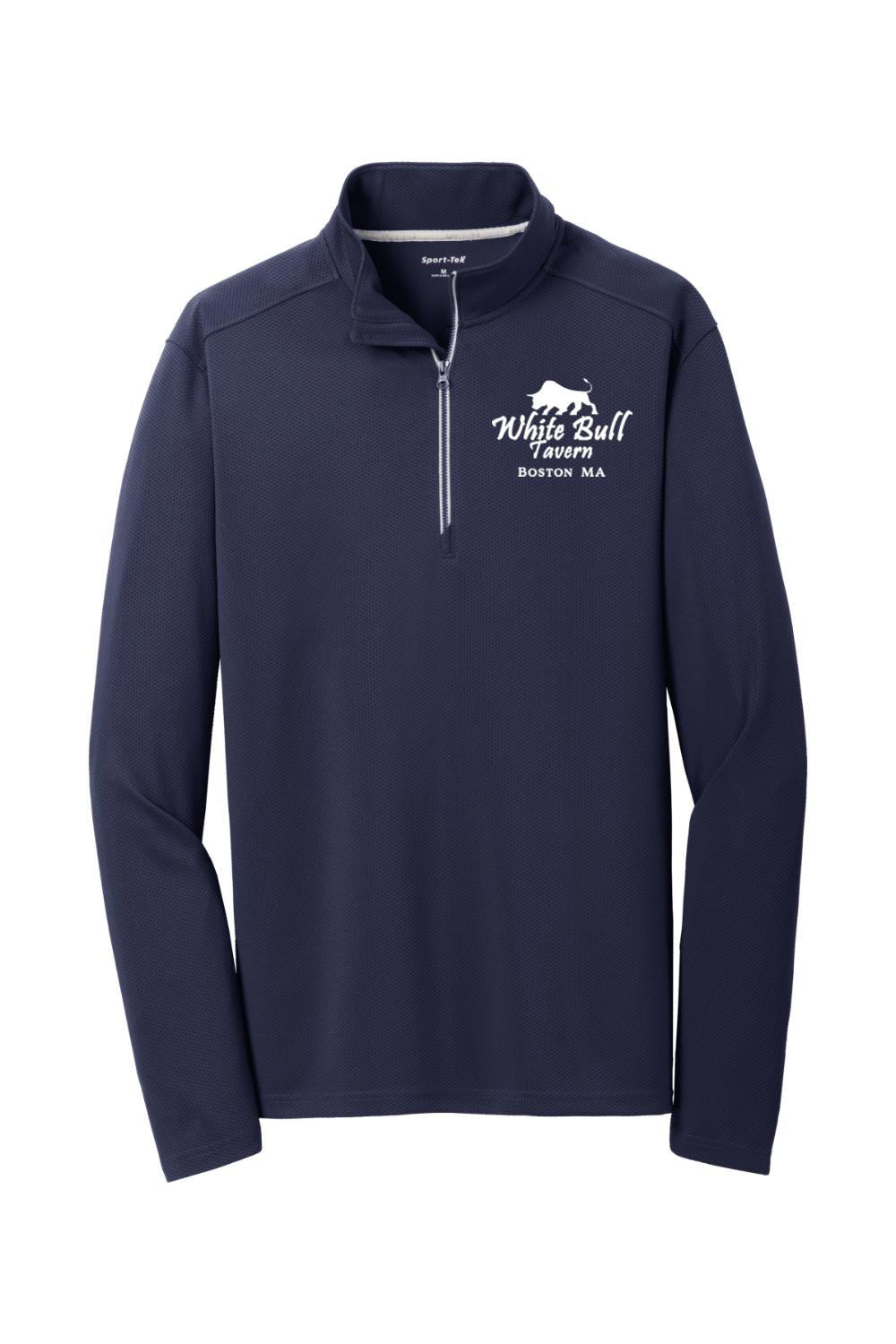 Navy blue 1/4-zip textured pullover with White Bull Tavern Boston logo, cadet collar, and silver zipper tape.