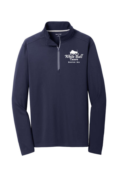 Navy blue 1/4-zip textured pullover with White Bull Tavern Boston logo, cadet collar, and silver zipper tape.