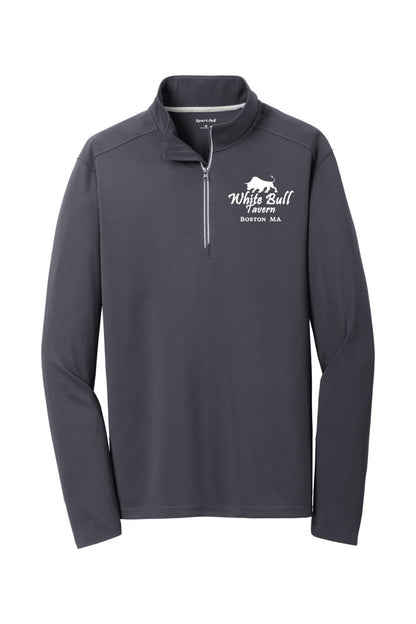 Dark grey textured 1/4-zip pullover with White Bull Tavern logo, cadet collar, and silver zipper tape.