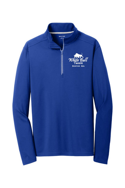 Royal blue textured 1/4-zip pullover with White Bull Tavern logo, cadet collar, and silver zipper tape.