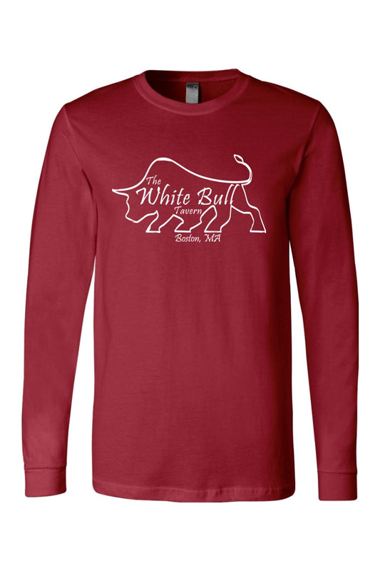 Maroon long-sleeve cotton jersey t-shirt featuring a white line-art bull logo and The White Bull Tavern text.