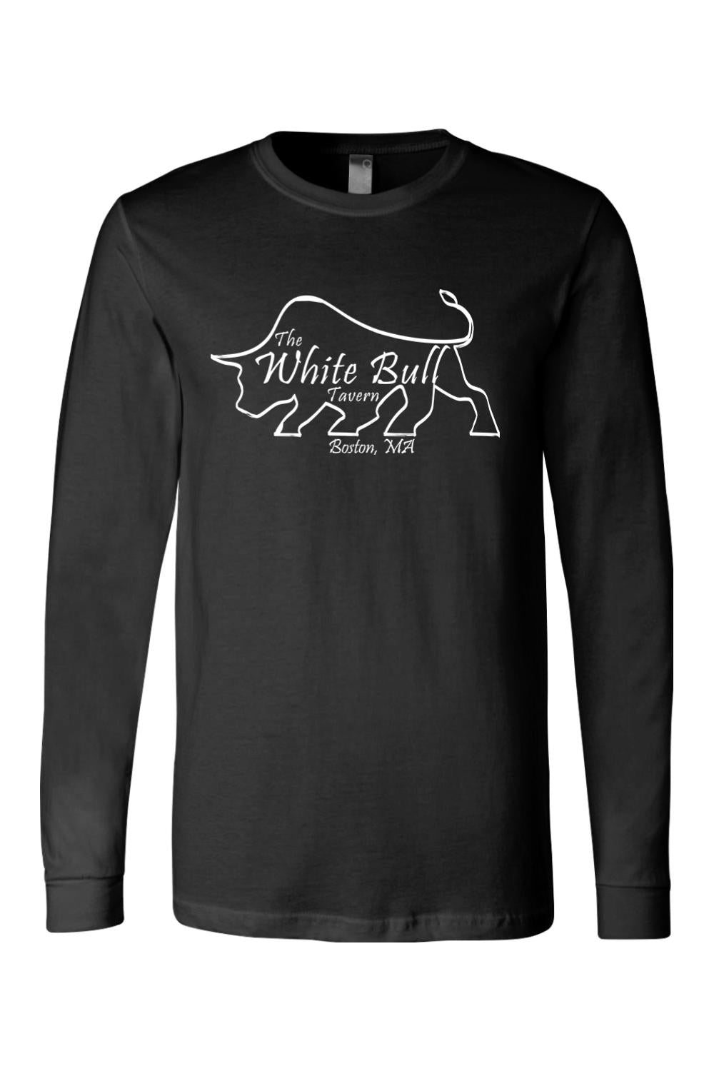 Black long-sleeve cotton jersey t-shirt featuring a white line-art bull logo and The White Bull Tavern text.