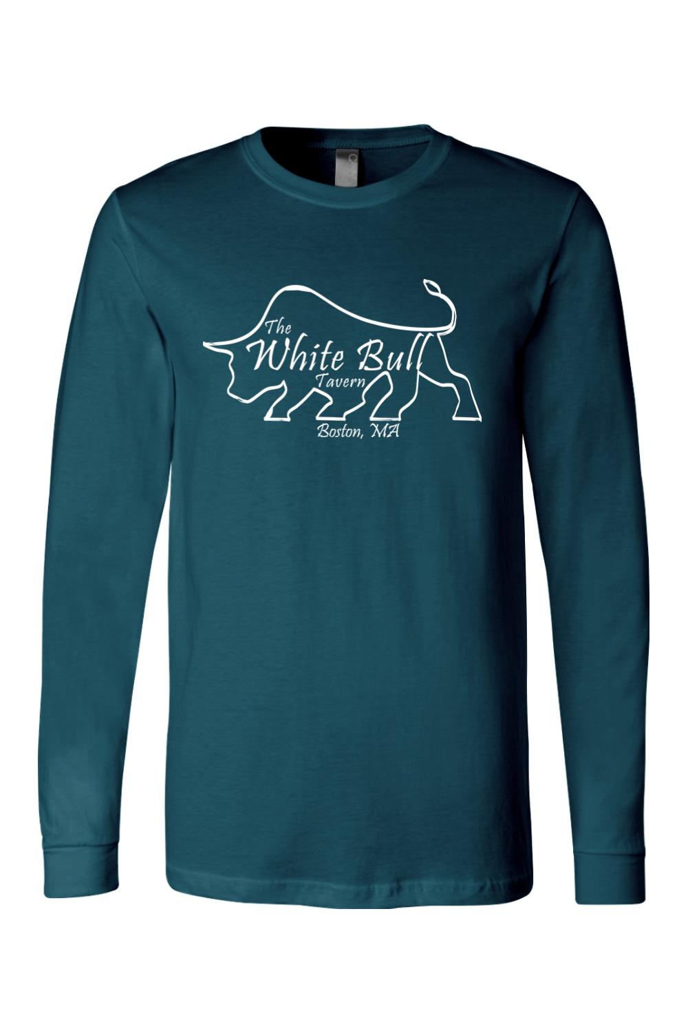 Dark teal long-sleeve cotton jersey t-shirt featuring a white line-art bull logo and The White Bull Tavern text.