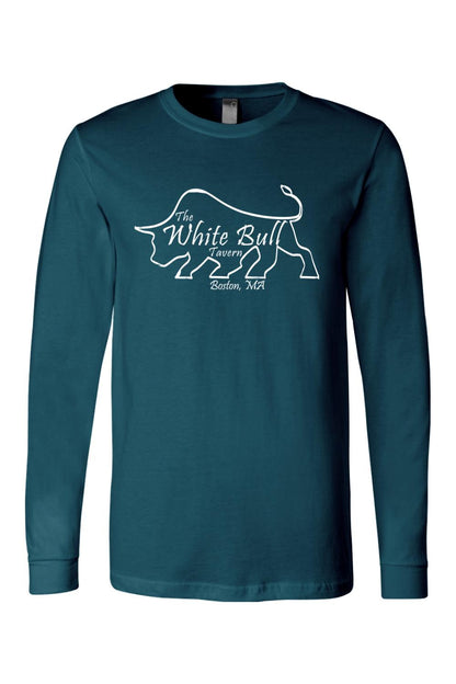 Dark teal long-sleeve cotton jersey t-shirt featuring a white line-art bull logo and The White Bull Tavern text.