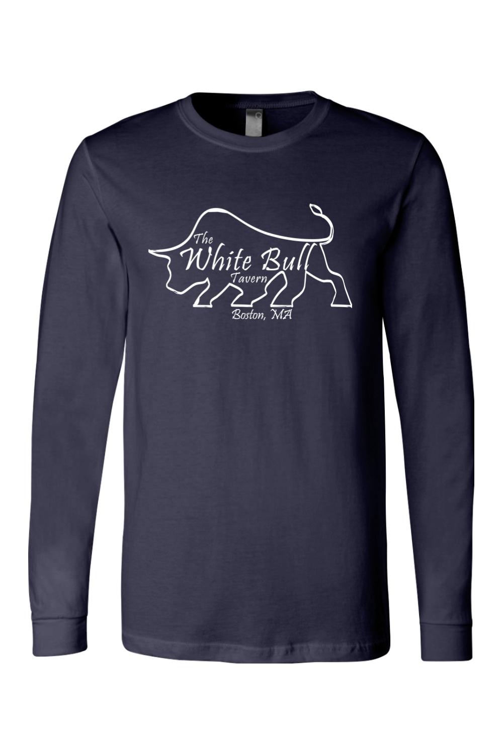 Navy blue long-sleeve cotton jersey t-shirt featuring a white outline logo of The White Bull Tavern in Boston, MA.