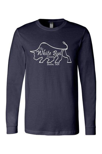 Navy blue long-sleeve cotton jersey t-shirt featuring a white outline logo of The White Bull Tavern in Boston, MA.