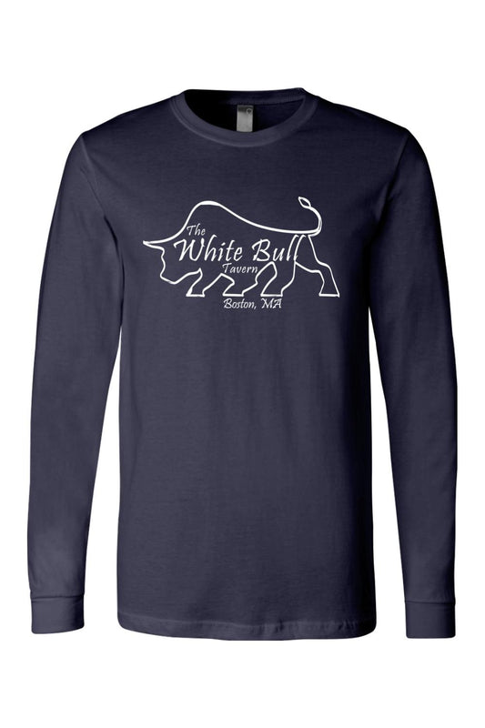 Navy blue long-sleeve cotton jersey t-shirt featuring a white outline logo of The White Bull Tavern in Boston, MA.
