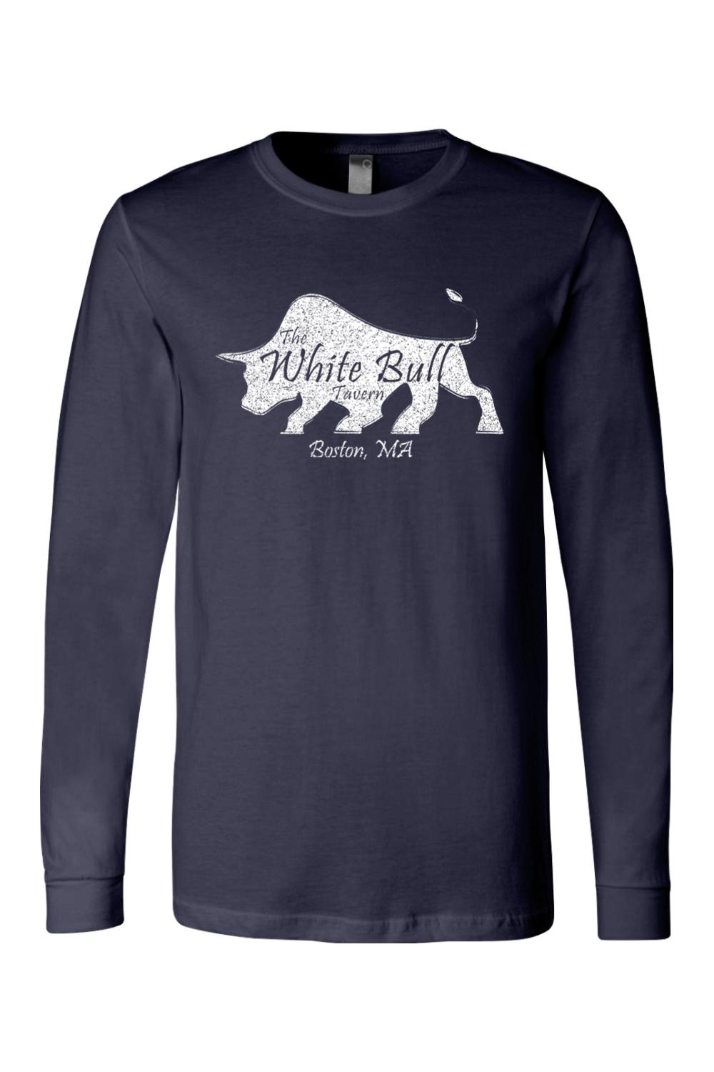 Navy blue long-sleeve cotton jersey t-shirt featuring a white distressed bull logo with The White Bull Tavern text.