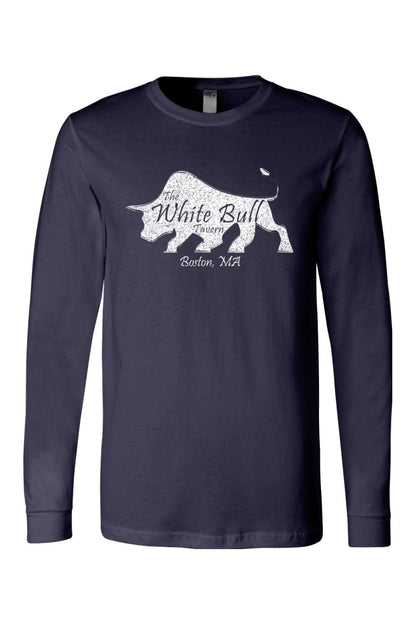 Navy blue long-sleeve cotton jersey t-shirt featuring a white distressed bull logo with The White Bull Tavern text.