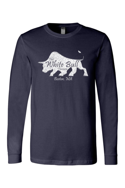 Navy blue long-sleeve cotton jersey t-shirt featuring a white distressed bull logo with The White Bull Tavern text.