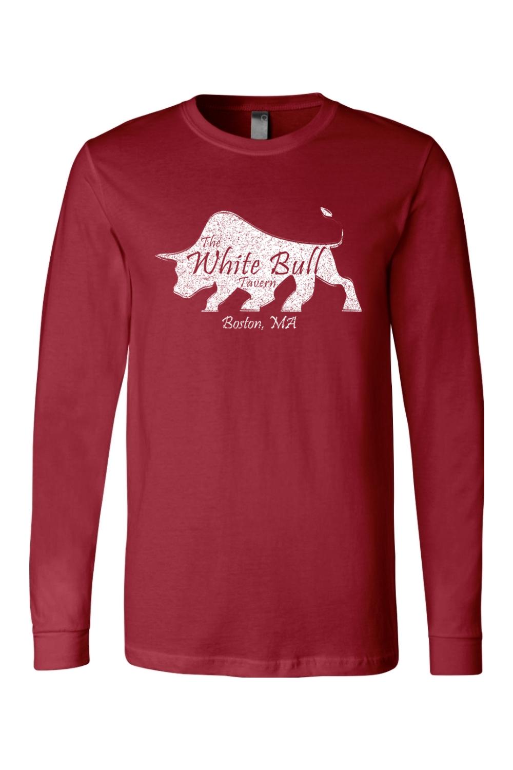 Maroon long-sleeve cotton jersey t-shirt featuring a white distressed bull logo graphic for The White Bull Tavern.