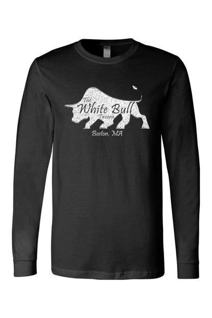 Black long-sleeve cotton jersey t-shirt featuring a white distressed bull graphic with The White Bull Tavern text.