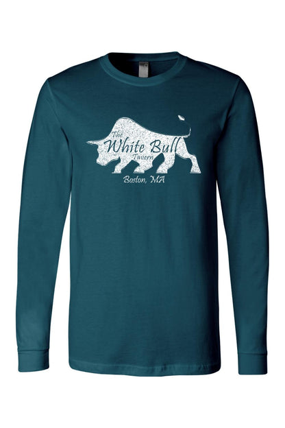 Dark teal long-sleeve jersey t-shirt featuring a white distressed bull graphic with The White Bull Tavern Boston text.