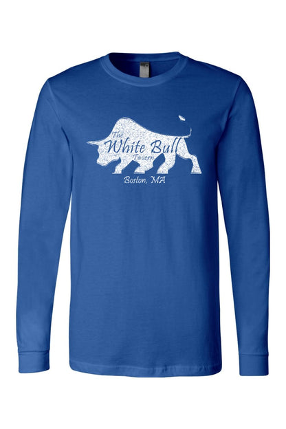 Royal blue long sleeve cotton jersey t-shirt featuring a white distressed bull graphic and The White Bull Tavern logo.