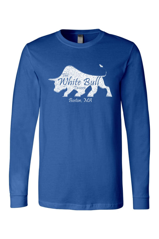 Royal blue long sleeve cotton jersey t-shirt featuring a white distressed bull graphic and The White Bull Tavern logo.