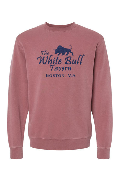 Dusty rose pigment-dyed crewneck sweatshirt featuring a navy blue The White Bull Tavern Boston, MA graphic print.