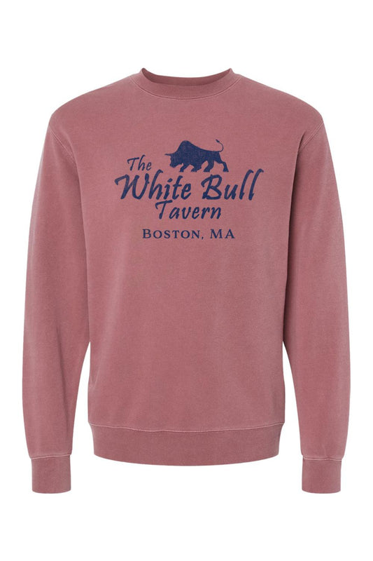 Dusty rose pigment-dyed crewneck sweatshirt featuring a navy blue The White Bull Tavern Boston, MA graphic print.