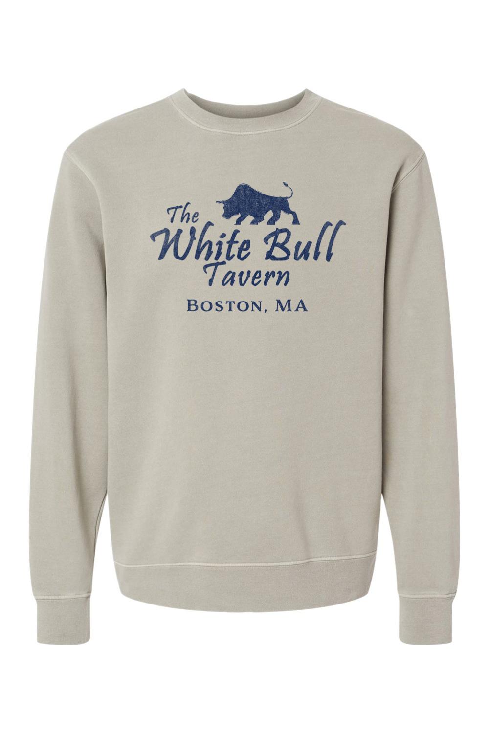Pigment-dyed beige crewneck sweatshirt featuring a navy blue The White Bull Tavern Boston, MA graphic print.