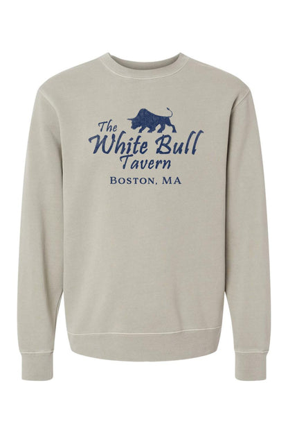 Pigment-dyed beige crewneck sweatshirt featuring a navy blue The White Bull Tavern Boston, MA graphic print.