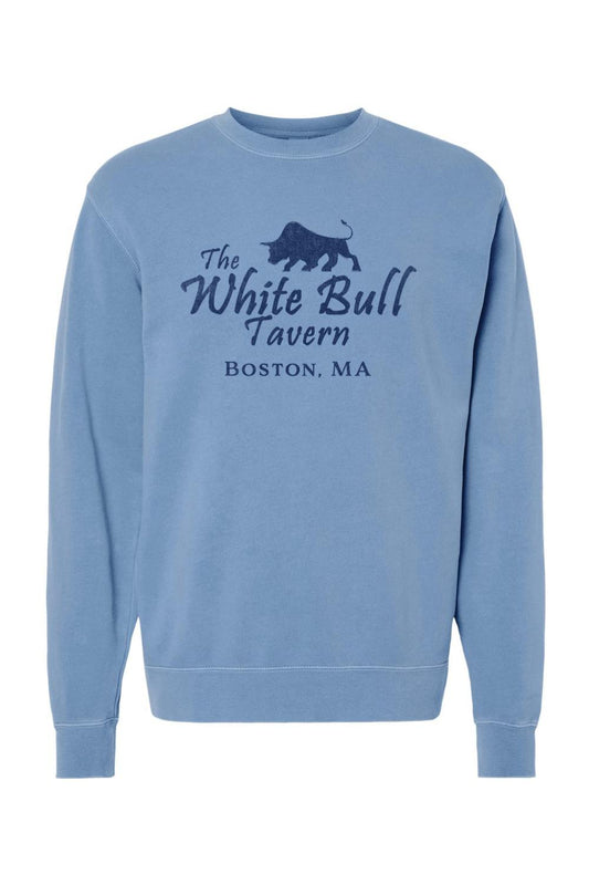 Blue pigment-dyed cotton crewneck sweatshirt featuring The White Bull Tavern Boston, MA graphic print.